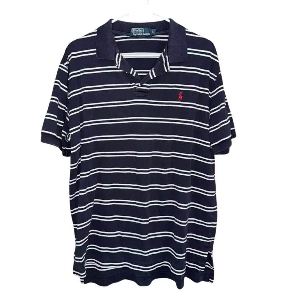 POLO RALPH LAUREN Men’s Navy Blue White Stripe Cotton Jersey Polo Shirt Size L